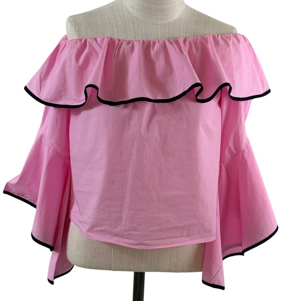 Zara Basic Blouse Sz XS Pink Off Shoulder Ruffle Bell Sleeve Barbiecore Crop Top